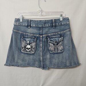 Womens Sz Small Hot Topic Denim Micro Mini Skirt Skull Cross Wings Bling Retro